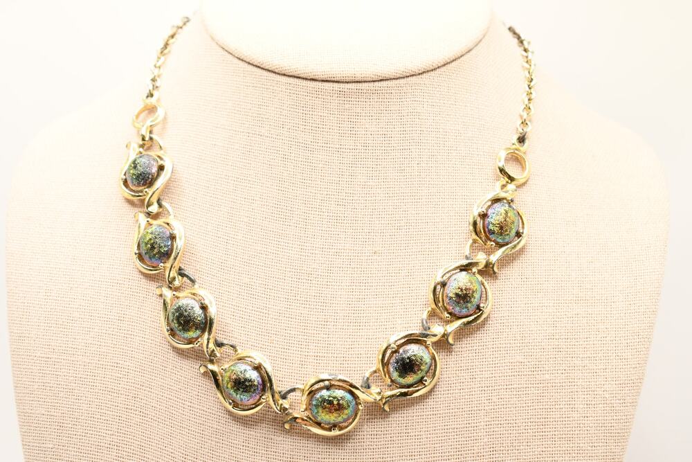 Vintage 1950s Iridescent Art Glass Cabochon Choker Necklace Gold Tone